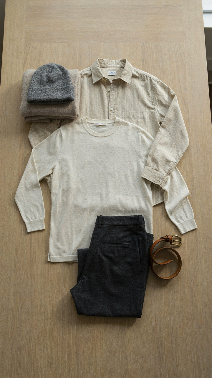 Neutral clothing items arranged on a table, showing multiple interchangeable combinations.