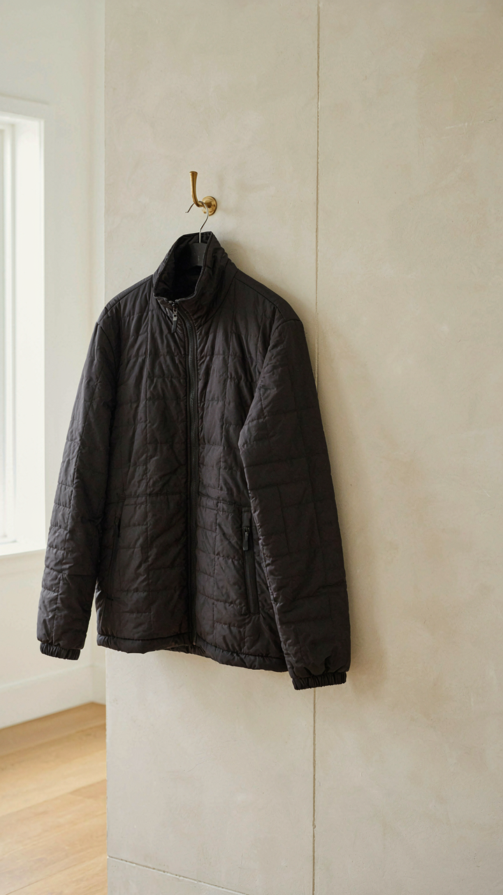 A single, durable, dark-colored winter jacket hangs on a hook, ready for travel.