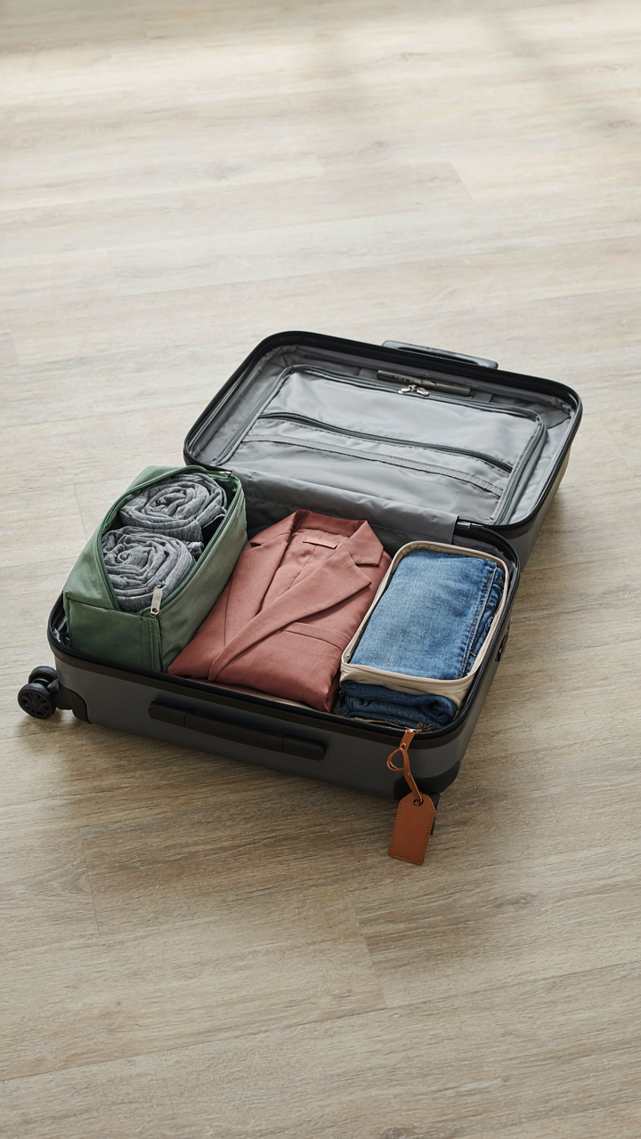 A suitcase filled with packing cubes, some items rolled, others folded.