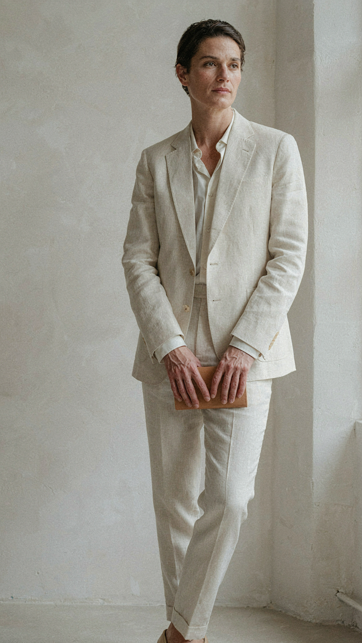 A person wears a linen blazer over a silk shirt, holding a clutch.