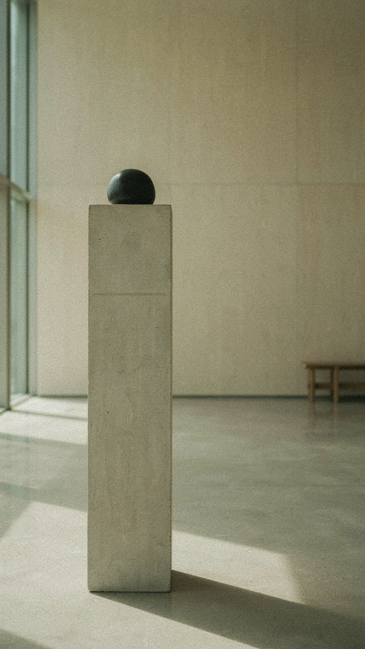 A minimalist, monochrome art installation in a quiet art gallery.