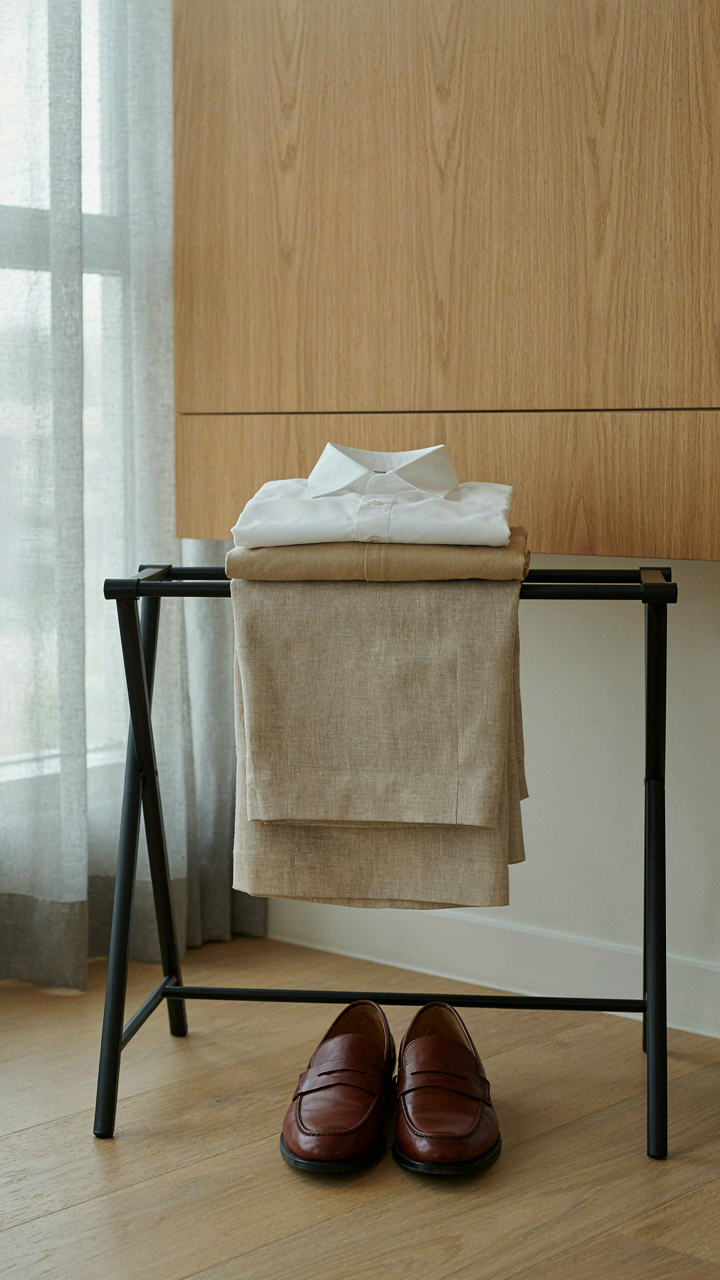 A travel capsule wardrobe for resort formal attire, laid out on a luggage rack.