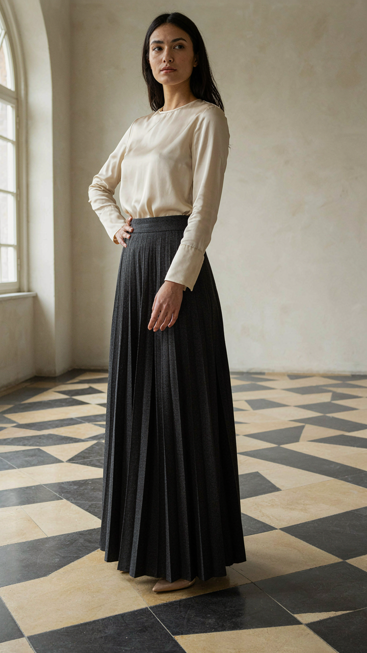 A woman stands, her long pleated skirt showing strong vertical lines.