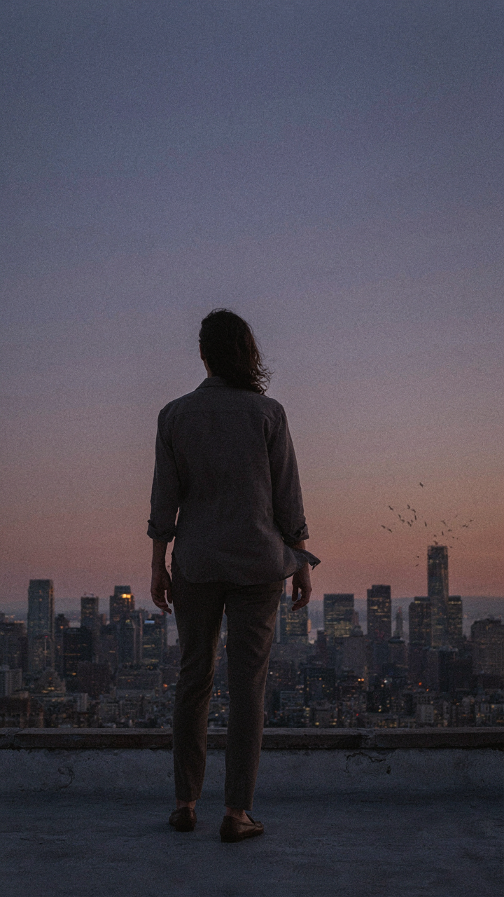 A person's silhouette on a rooftop at dusk, wearing a well-draping top.