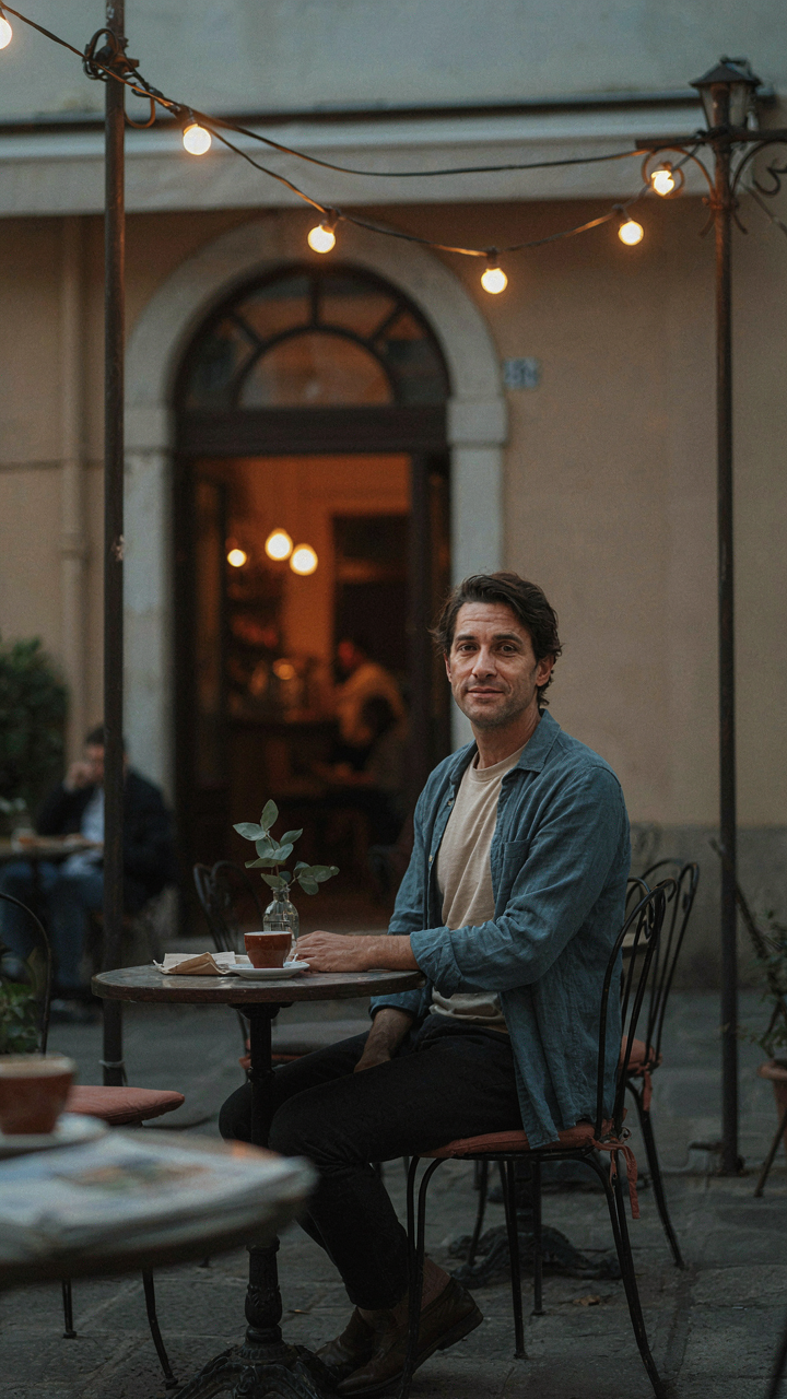 A person layers a shirt and an overshirt at an outdoor cafe at night.