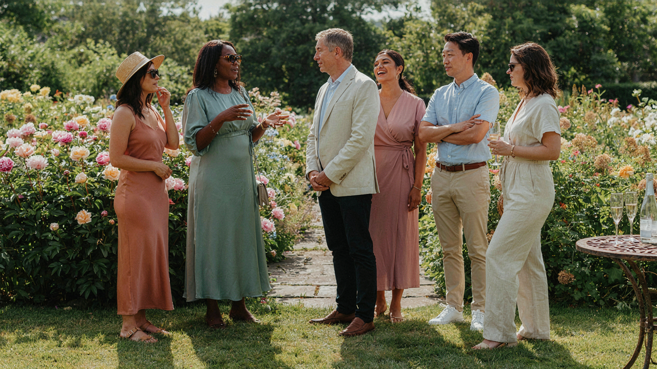 Wedding guests in stylish outfits and sunglasses mingle in a sunny garden.