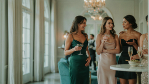 Women in sweetheart neckline cocktail dresses at a chic party.