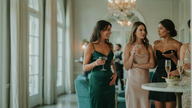 Women in sweetheart neckline cocktail dresses at a chic party.