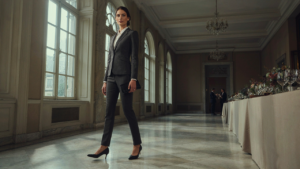 A woman in a stylish tailored pantsuit walks into a formal evening reception.