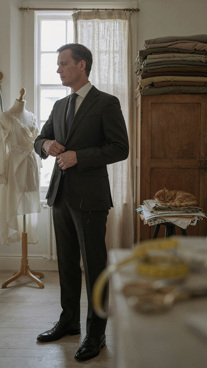 A tailor adjusts the shoulder seam of a perfectly fitted suit jacket.