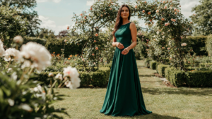 Tall woman in a green maxi dress, walking confidently in a beautiful garden.