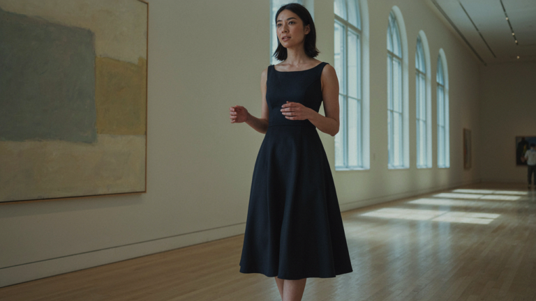 A woman in a navy tea length cocktail dress stands in a brightly lit museum.