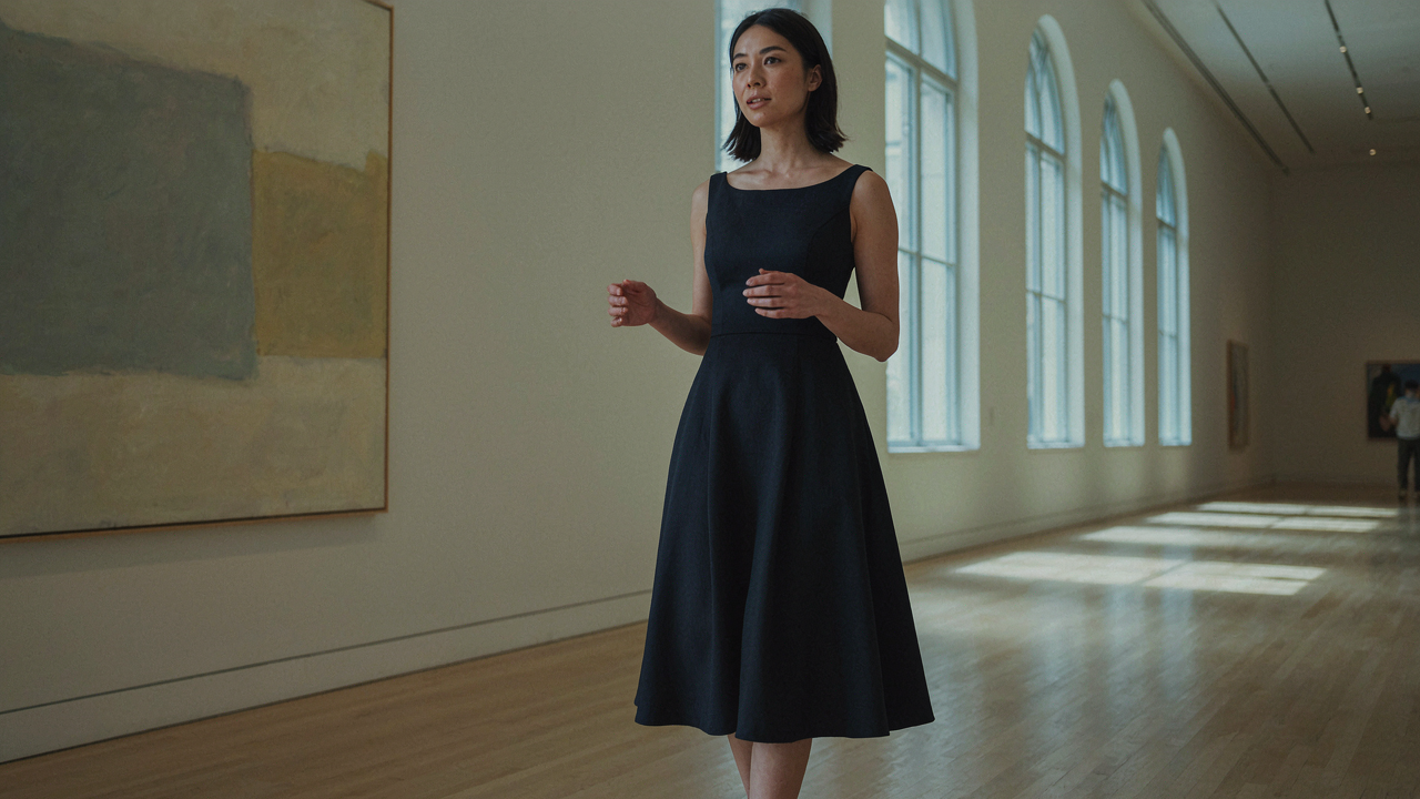A woman in a navy tea length cocktail dress stands in a brightly lit museum.