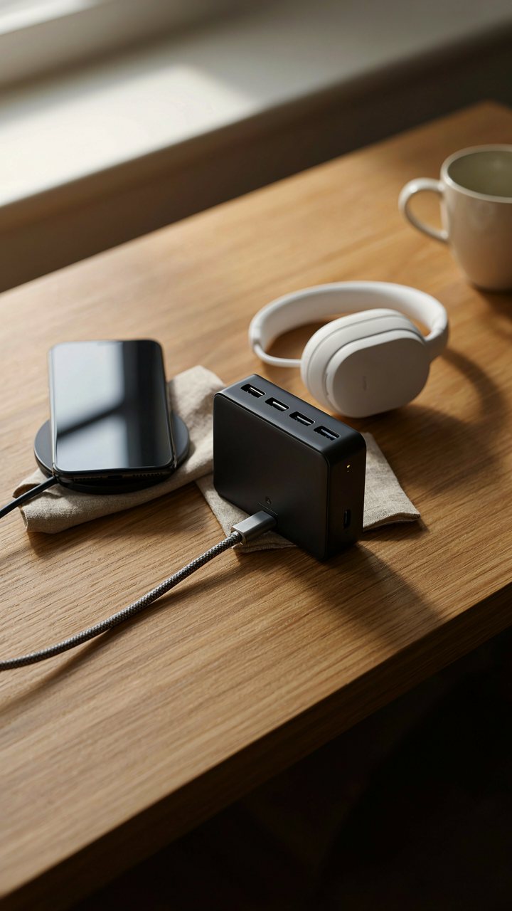 A single USB-C cable with an adapter charges a phone and headphones.