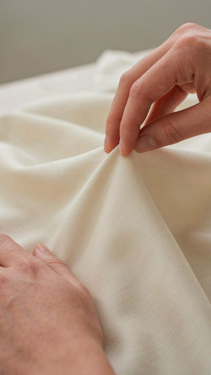 Fingers stretch a wool-silk blend fabric to test its recovery.