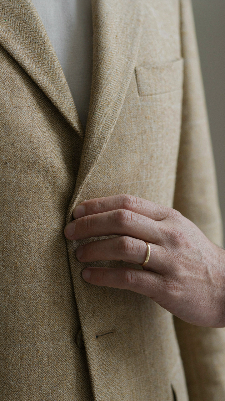 A hand gently touches a structured, textured tweed blazer.