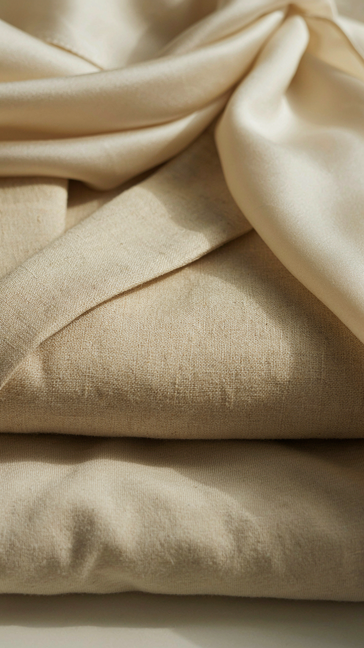 Three cream-colored fabrics, cotton, linen, and silk, layered to show diverse textures.