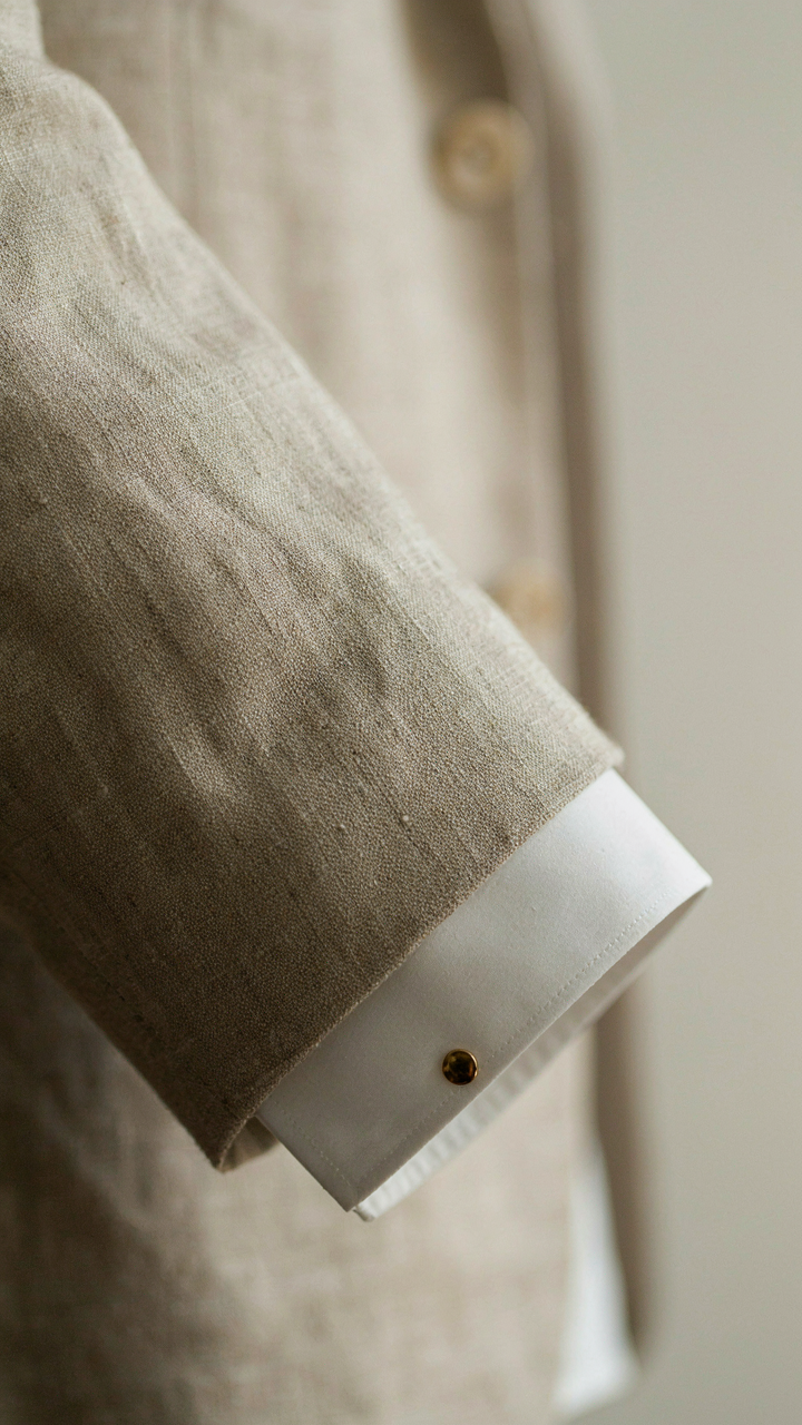 Close-up of a raw linen blazer sleeve next to a polished silk shirt cuff.