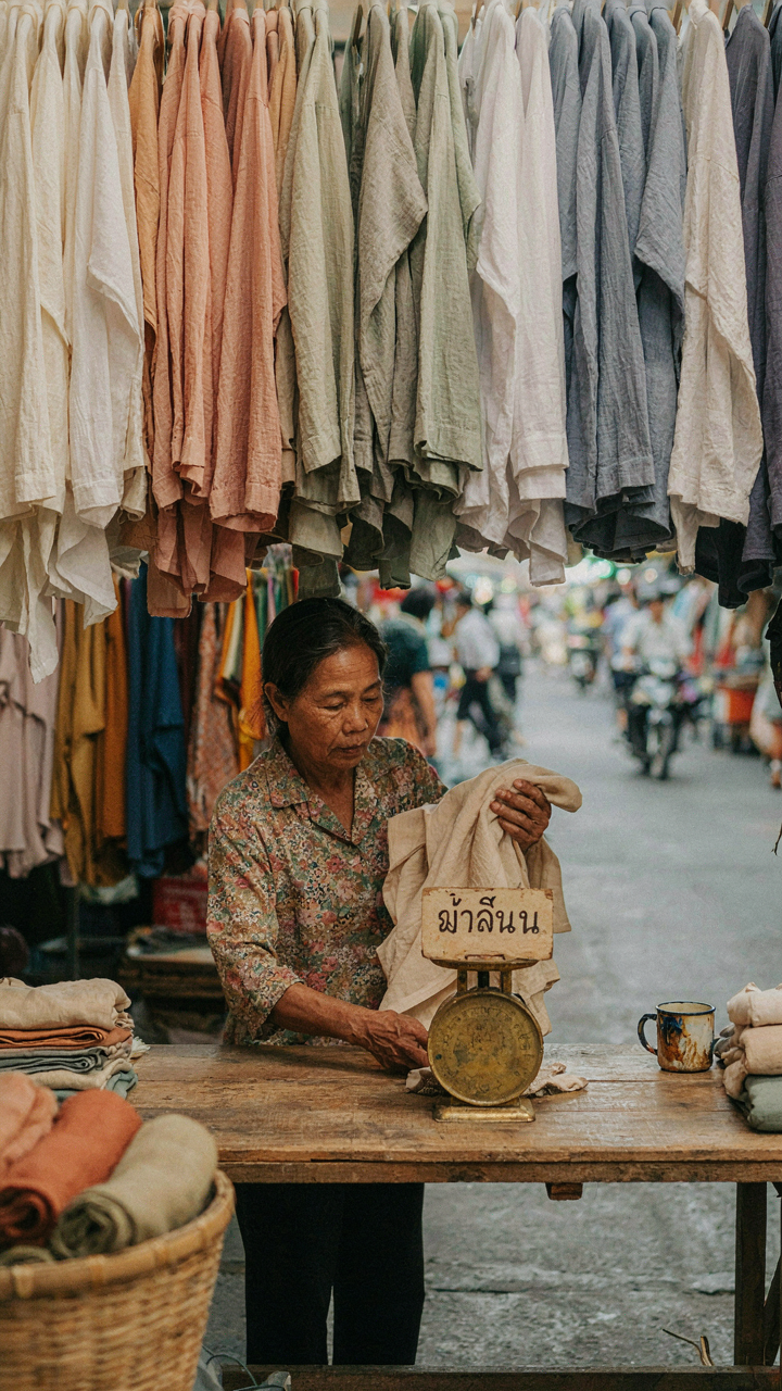 A market stall in Thailand displays many loose linen and cotton clothes.
