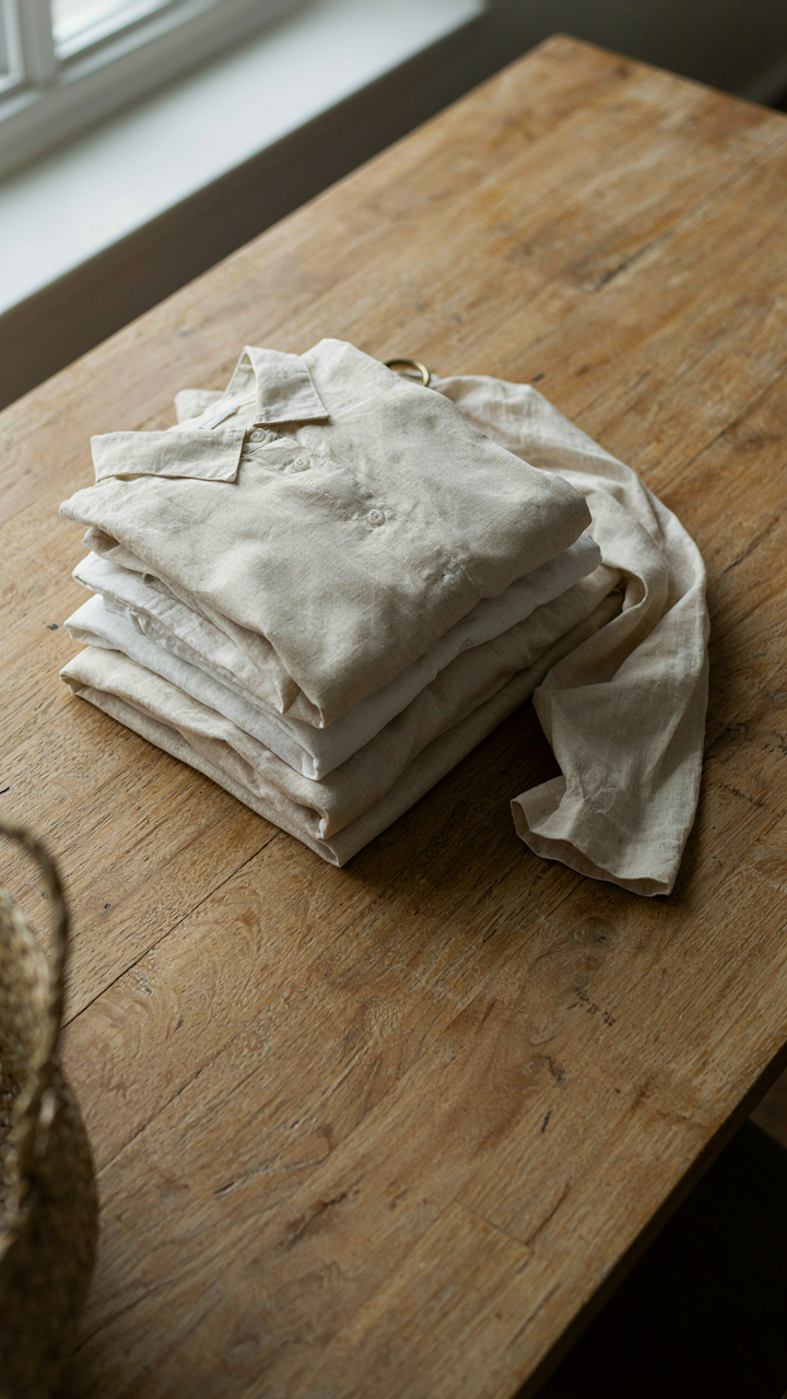 A stack of cream linen clothes shows a compact capsule wardrobe.