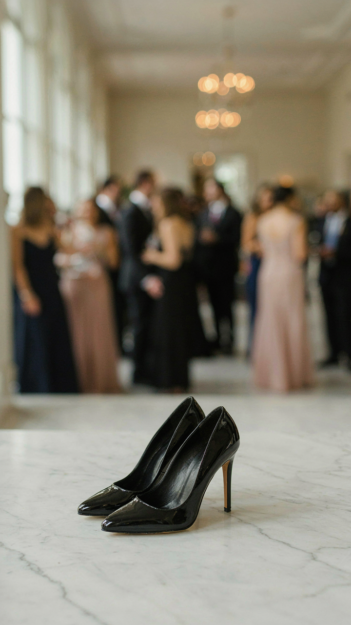 Polished, structured leather high-heeled pumps sit on a pristine marble floor.