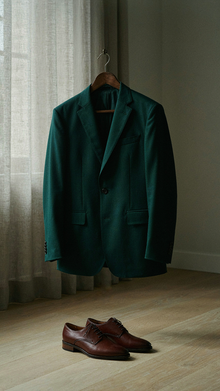 A jewel-toned blazer hangs next to polished dress shoes.