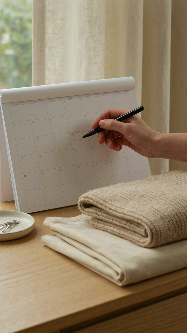 A hand marks an 'X' on a calendar next to a daily outfit description.