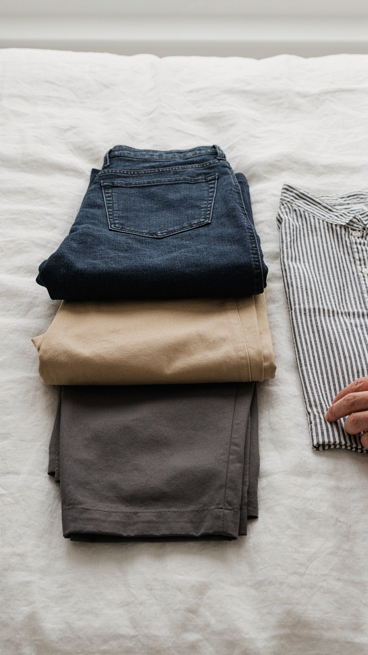 Three neutral bottoms: dark jeans, chinos, and technical pants, with a striped shirt.