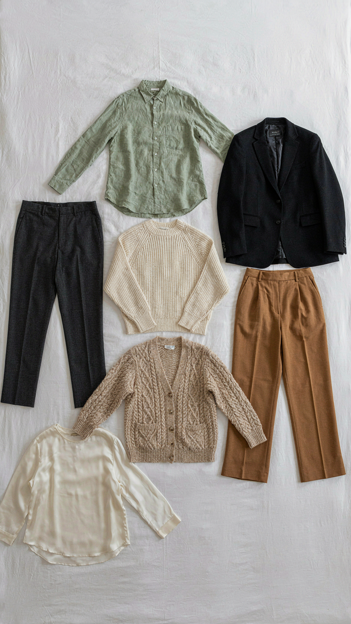 Nine clothing items are neatly arranged in a grid on a white bedspread.