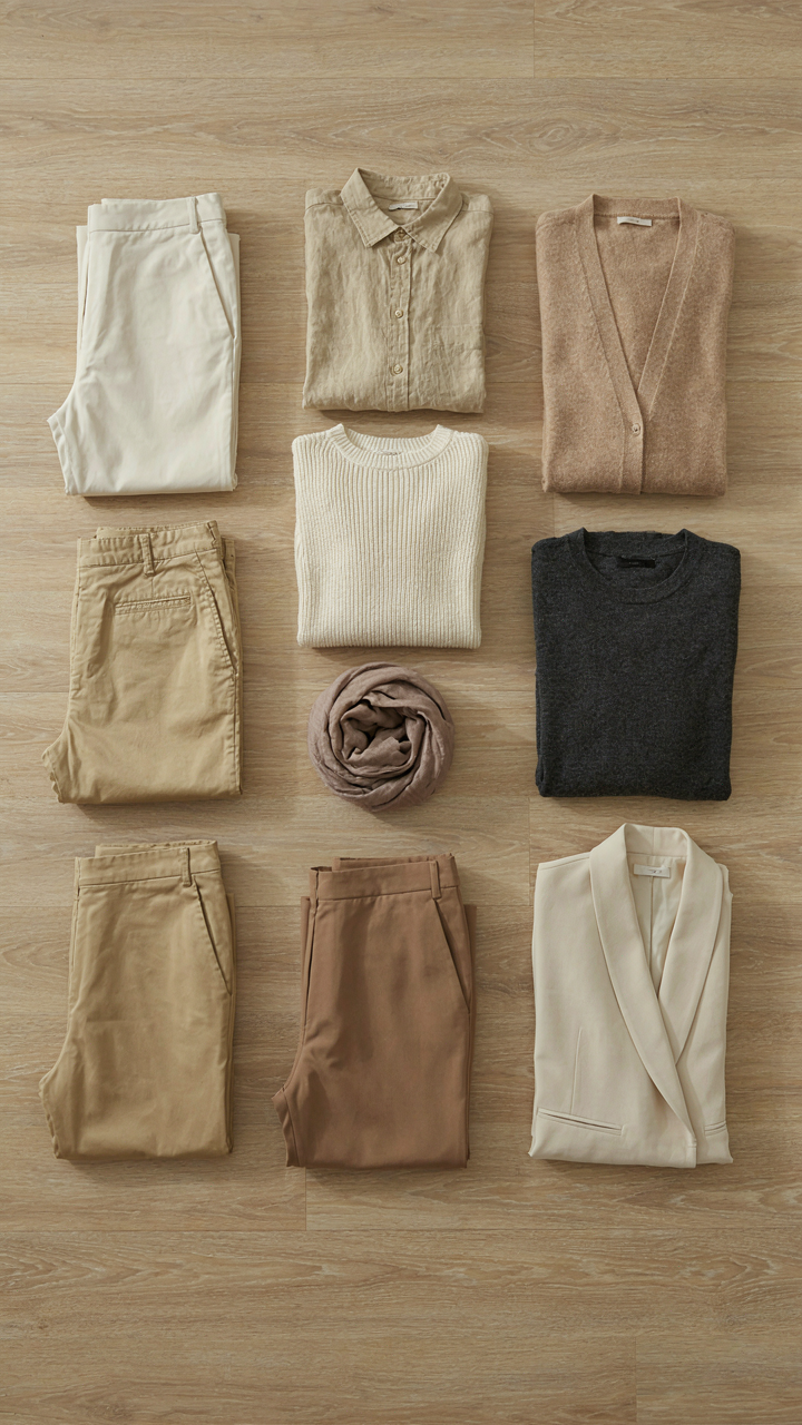 Nine versatile clothing items neatly arranged in a 3x3 grid on a wooden floor.
