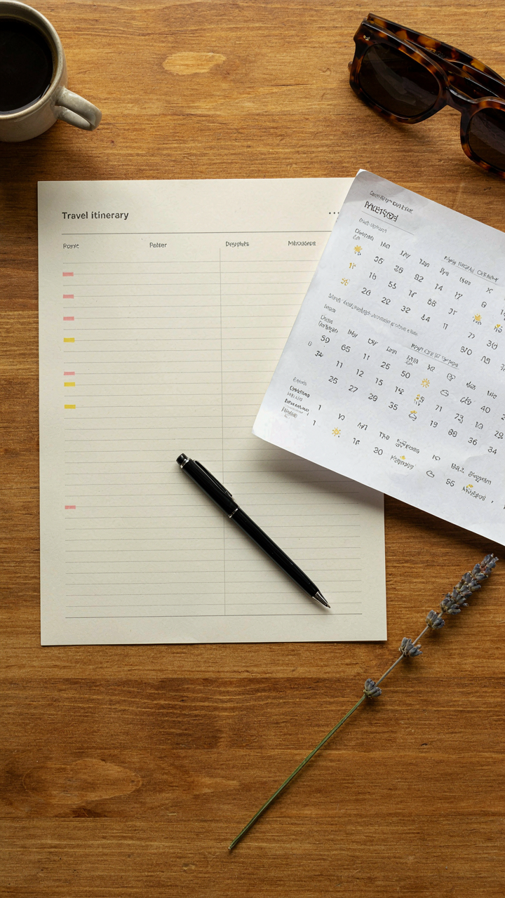 A travel itinerary and weather forecast for different cities.