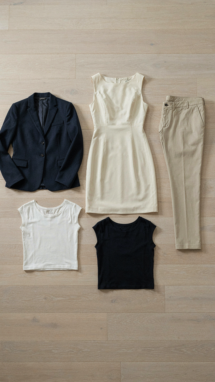Five coordinating pieces of a capsule wardrobe for dressy occasions laid out.
