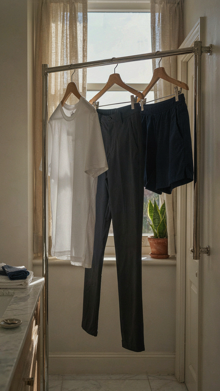 Three clean, quick-drying clothing items hanging on a rack in a sunny bathroom.