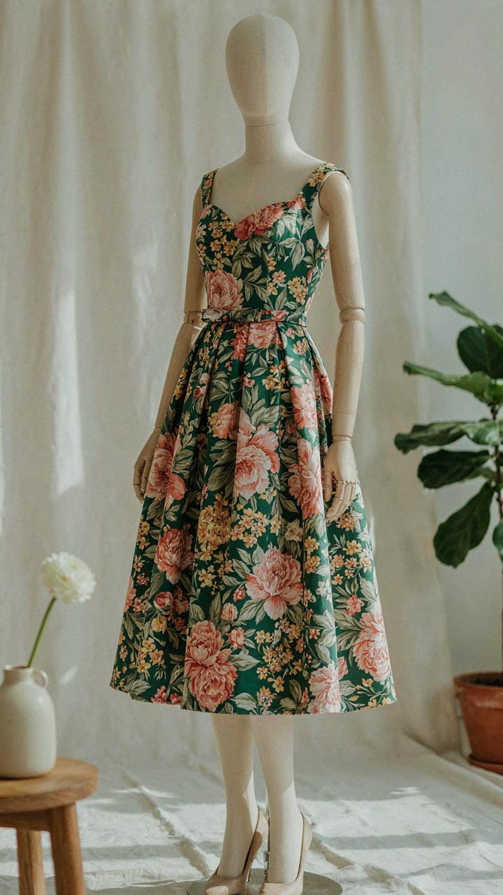 An A-line floral cocktail dress hangs perfectly draped on a mannequin.
