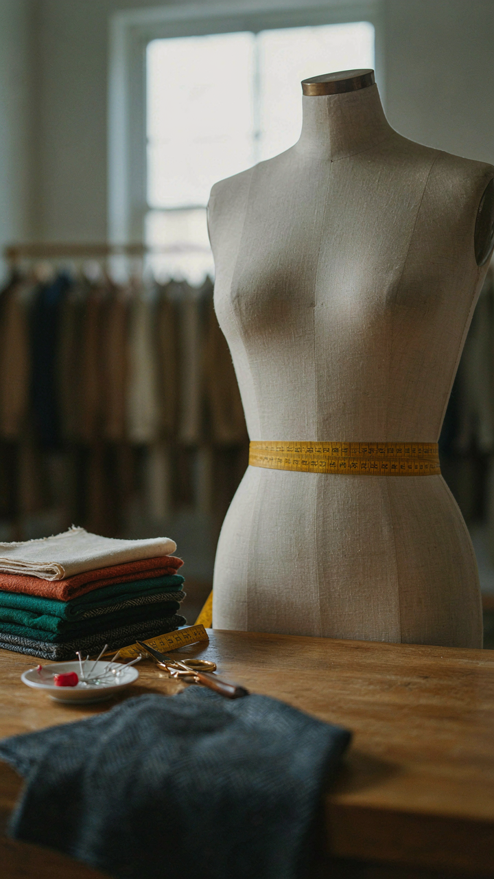 A tailor's measuring tape on a mannequin, with fabric swatches for an a line cocktail dress.