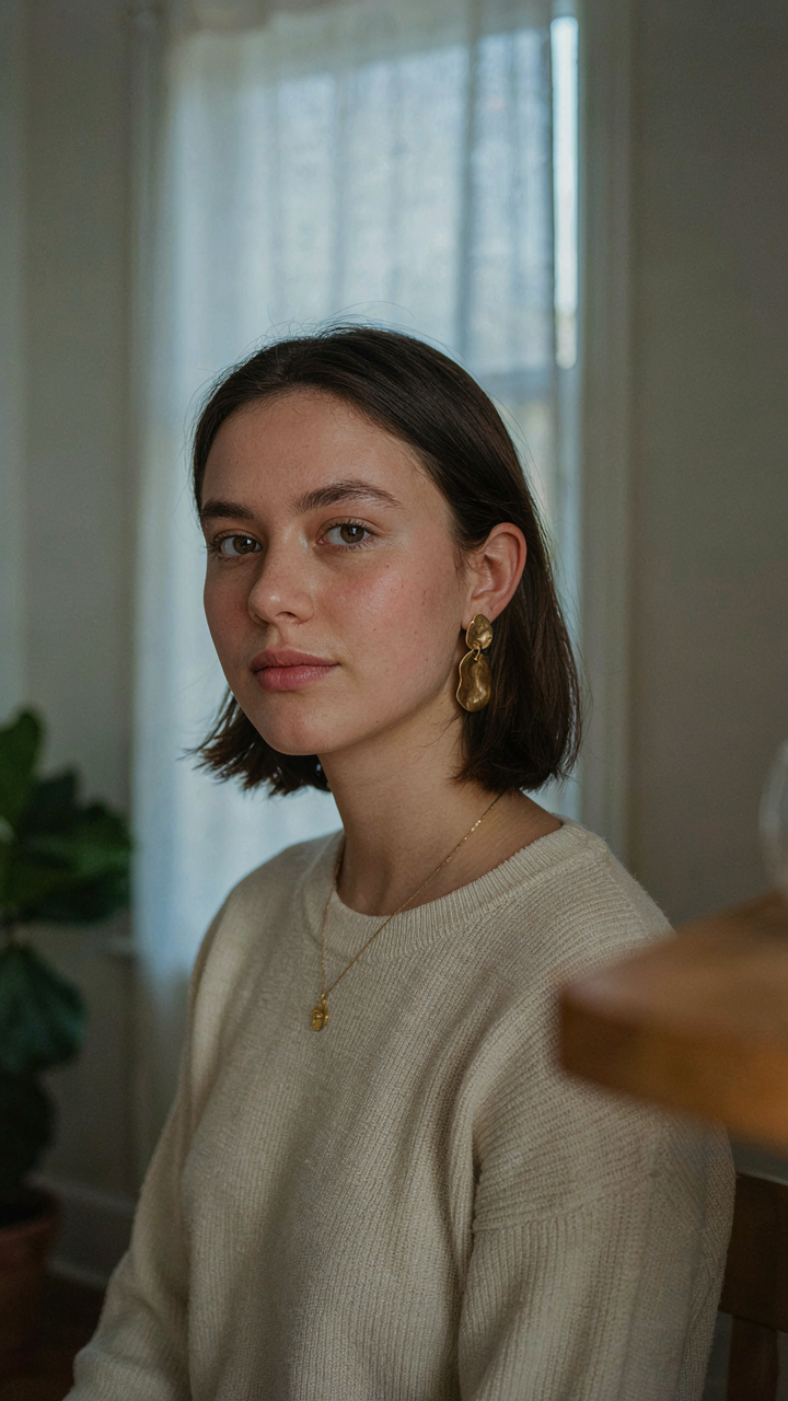 A woman wears a simple pendant necklace and statement earrings.