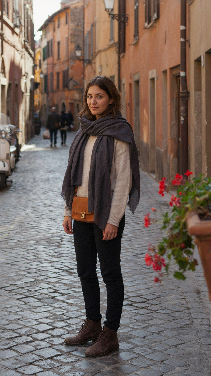 A person wears a tactical scarf and a small crossbody bag on a sunny street.