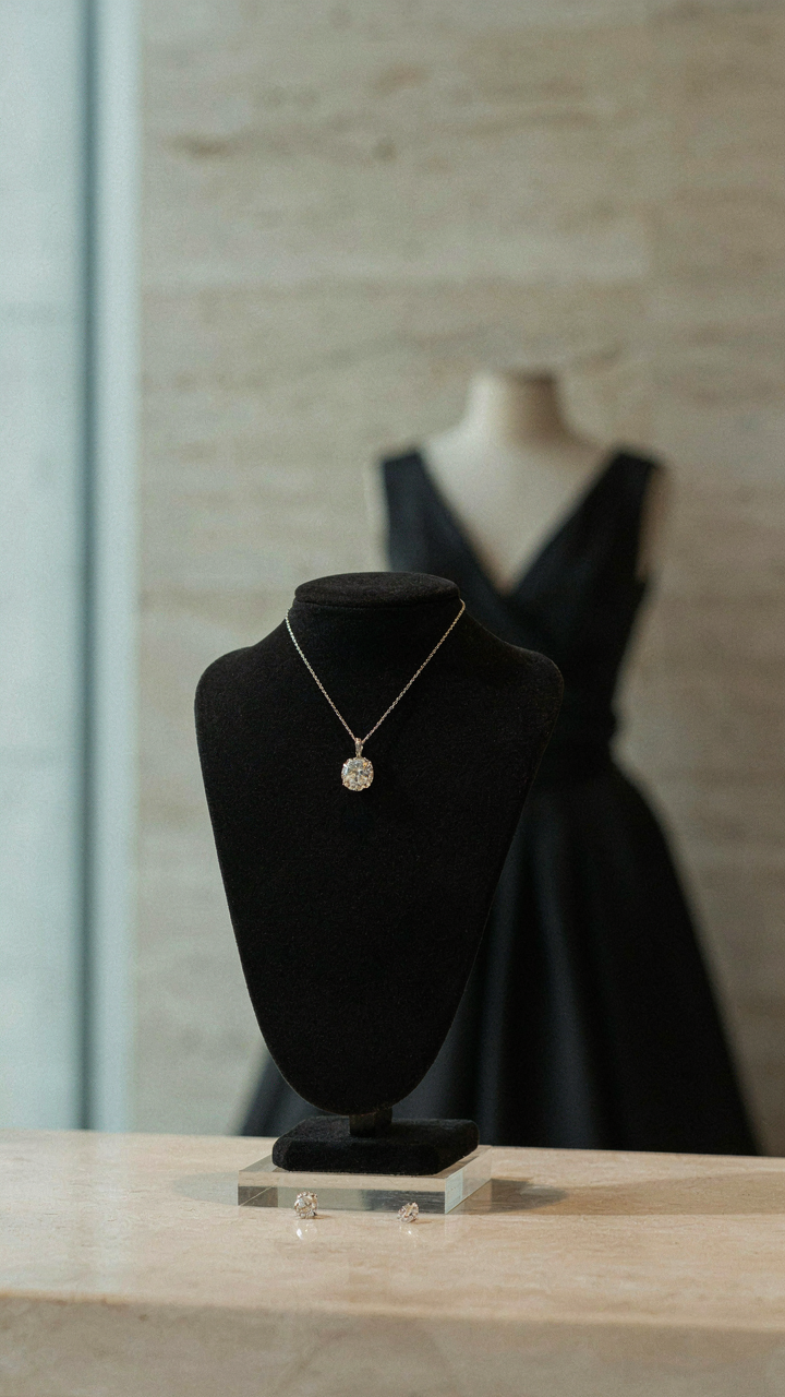 A single classic diamond pendant necklace on a black velvet stand.