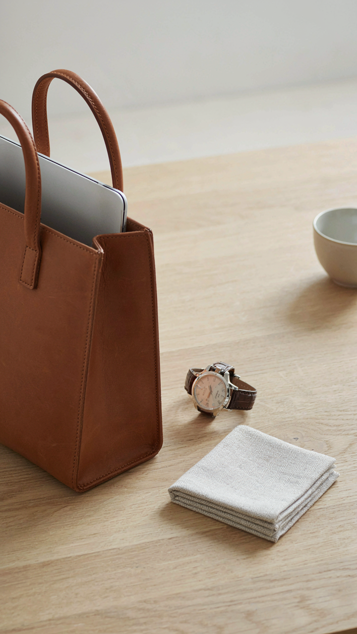 A structured tote bag, a classic wristwatch, and a linen pocket square on a desk.