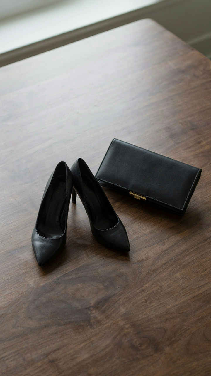 Structured black leather pumps and a matching clutch bag.