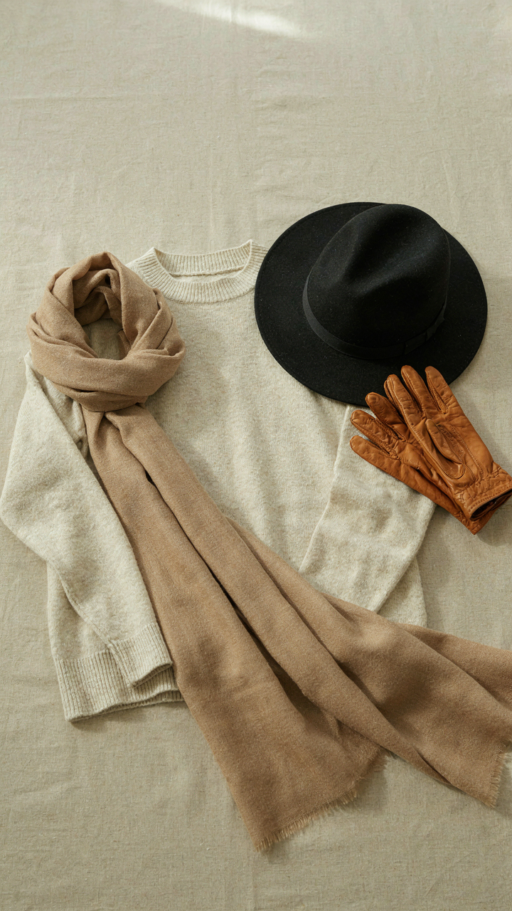 A neutral scarf draped over a sweater, with a hat and leather gloves.