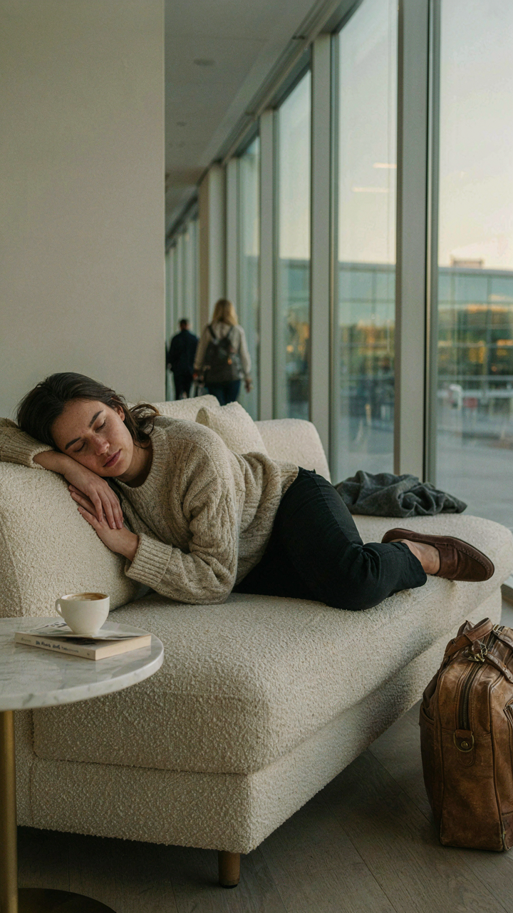 A person uses a versatile merino wool sweater as a layer and a pillow in an airport lounge.