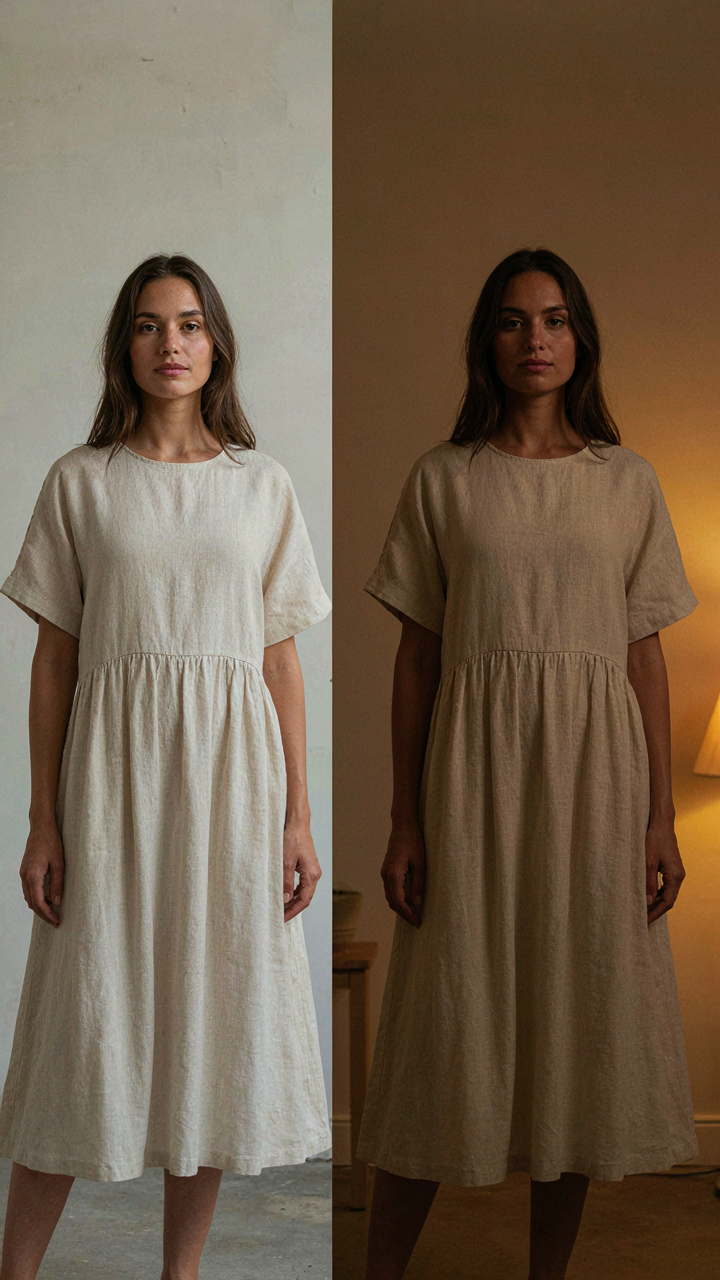 Woman in a linen midi dress seen in daylight and then under evening light.