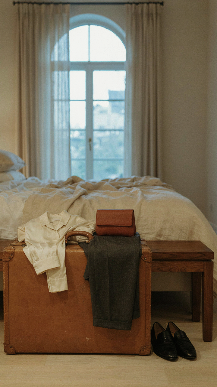 A silk shirt and tailored trousers are draped over a vintage suitcase.
