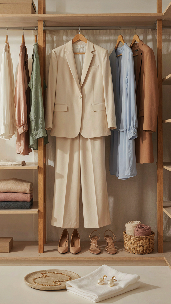 A cream pantsuit in a closet, surrounded by different accessories and tops.