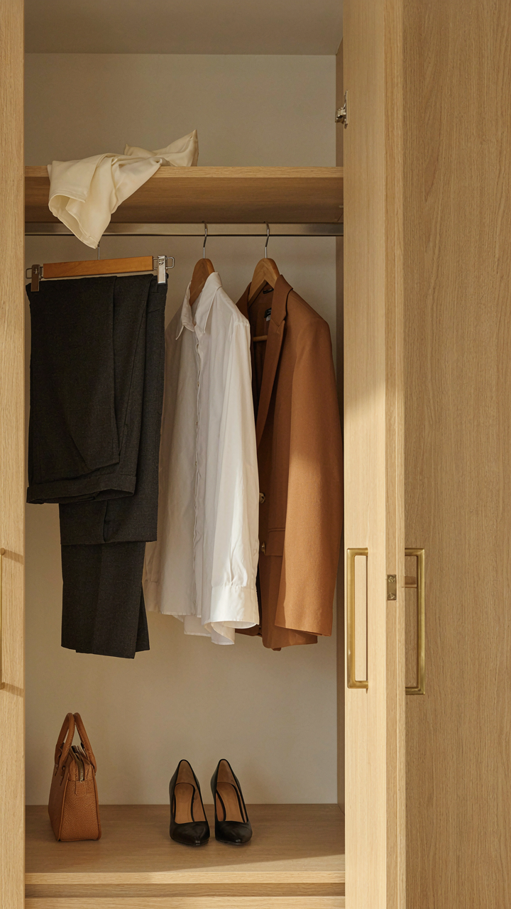 A capsule wardrobe with versatile clothing pieces in an open closet.