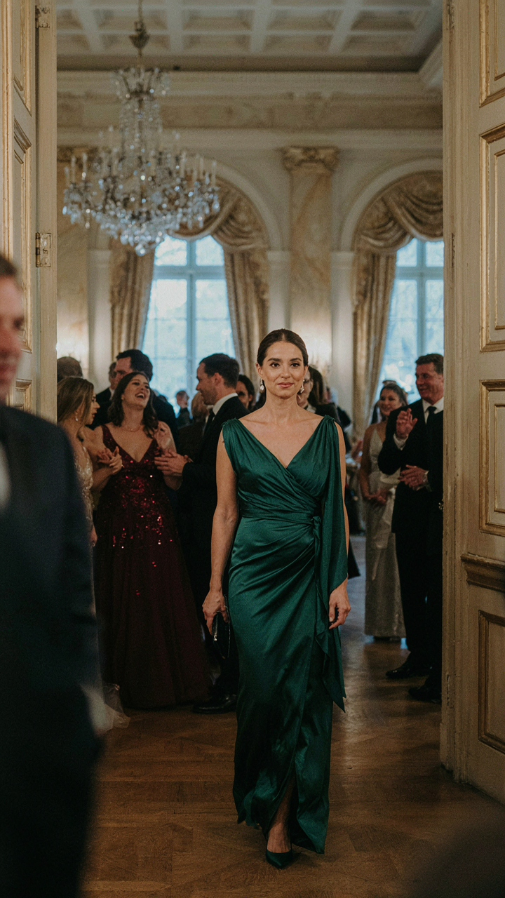 An elegant woman adjusts her wrap while entering a grand ballroom.