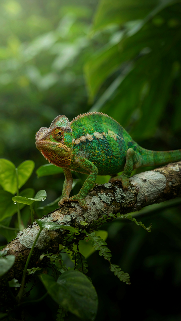 A chameleon blends in perfectly with a tree branch.