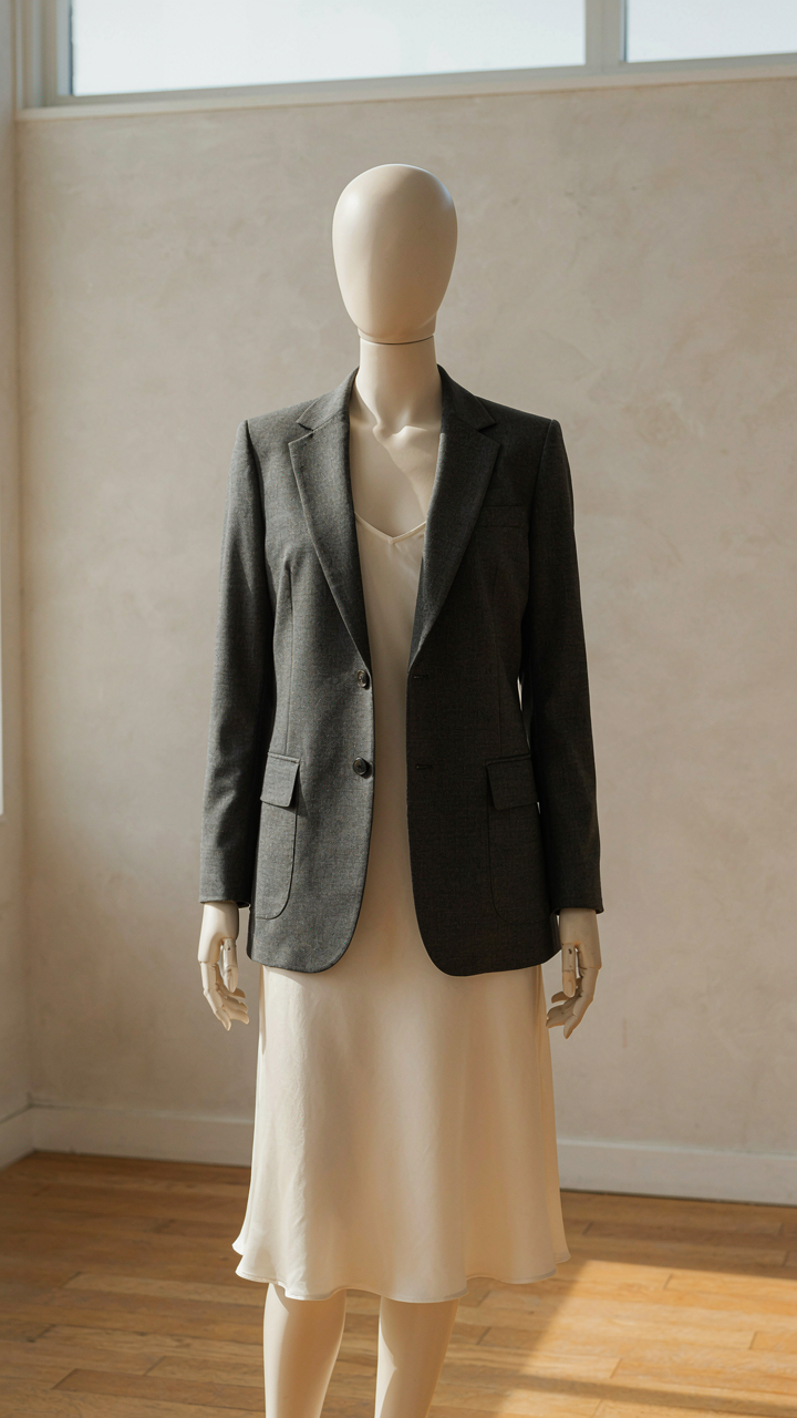 Structured blazer layered over a slip dress on a mannequin.