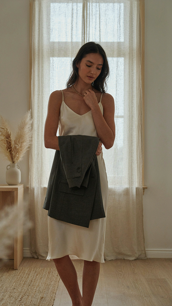 A woman holds a blazer over a slip dress, ready to layer her outfit.